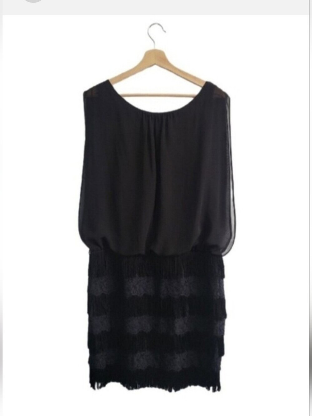 AIDAN by Aidan Mattox Black Chiffon Blouson Fringe Mini Dress Size 12 Wedding